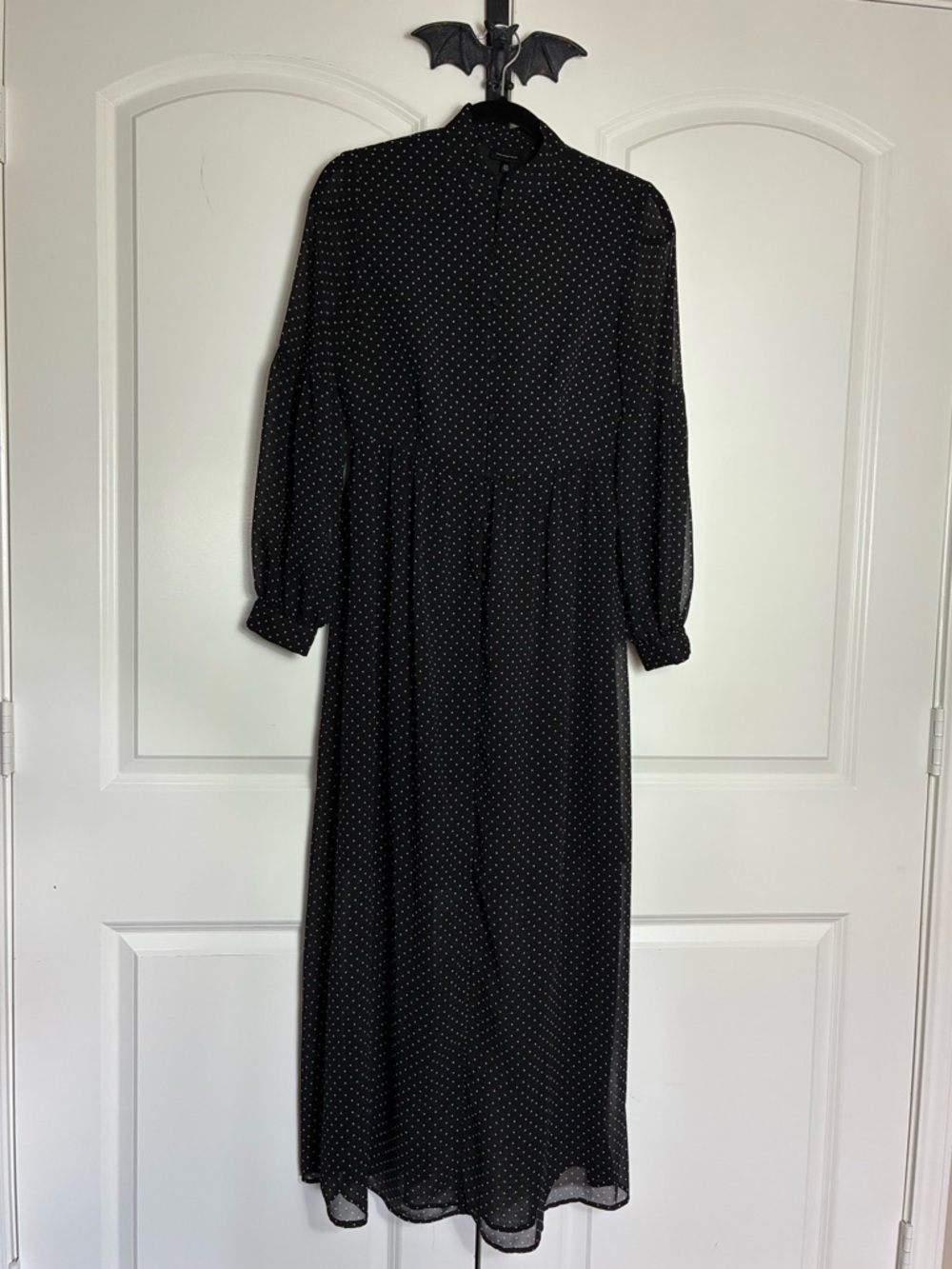 Gothic Vintage inspired Black Polka Dot Long Puff Sleeve Dress High Neck XS